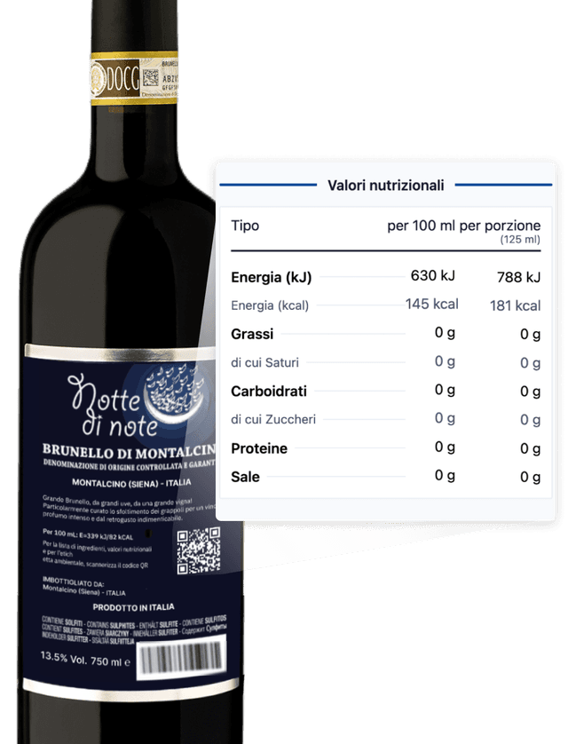 Wine bottle with nutritional information label