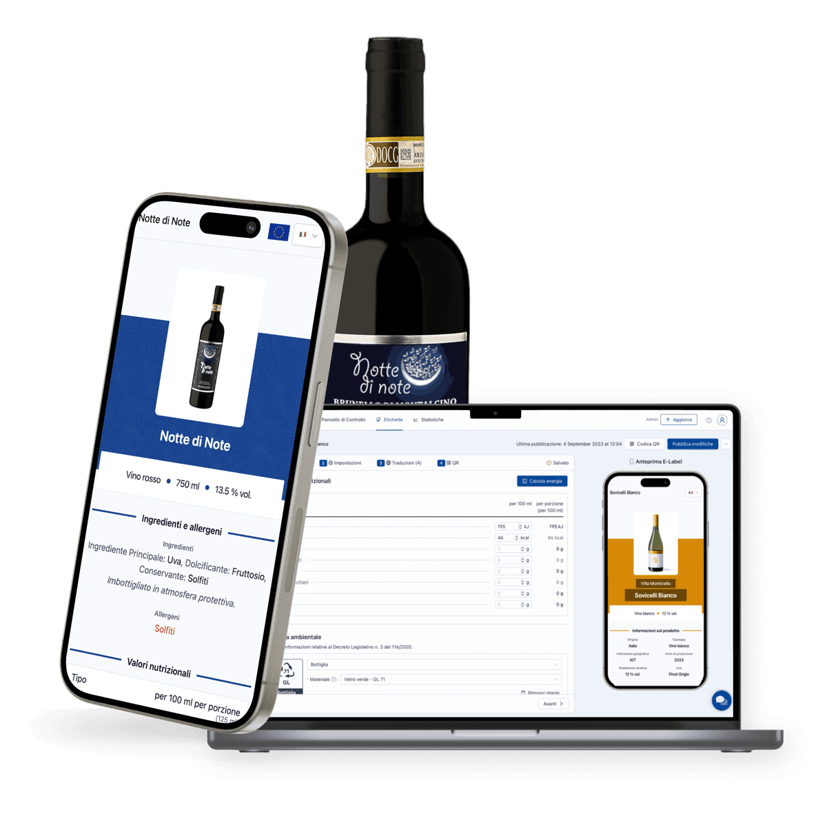 QRFox e-label on phone, laptop and wine bottle
